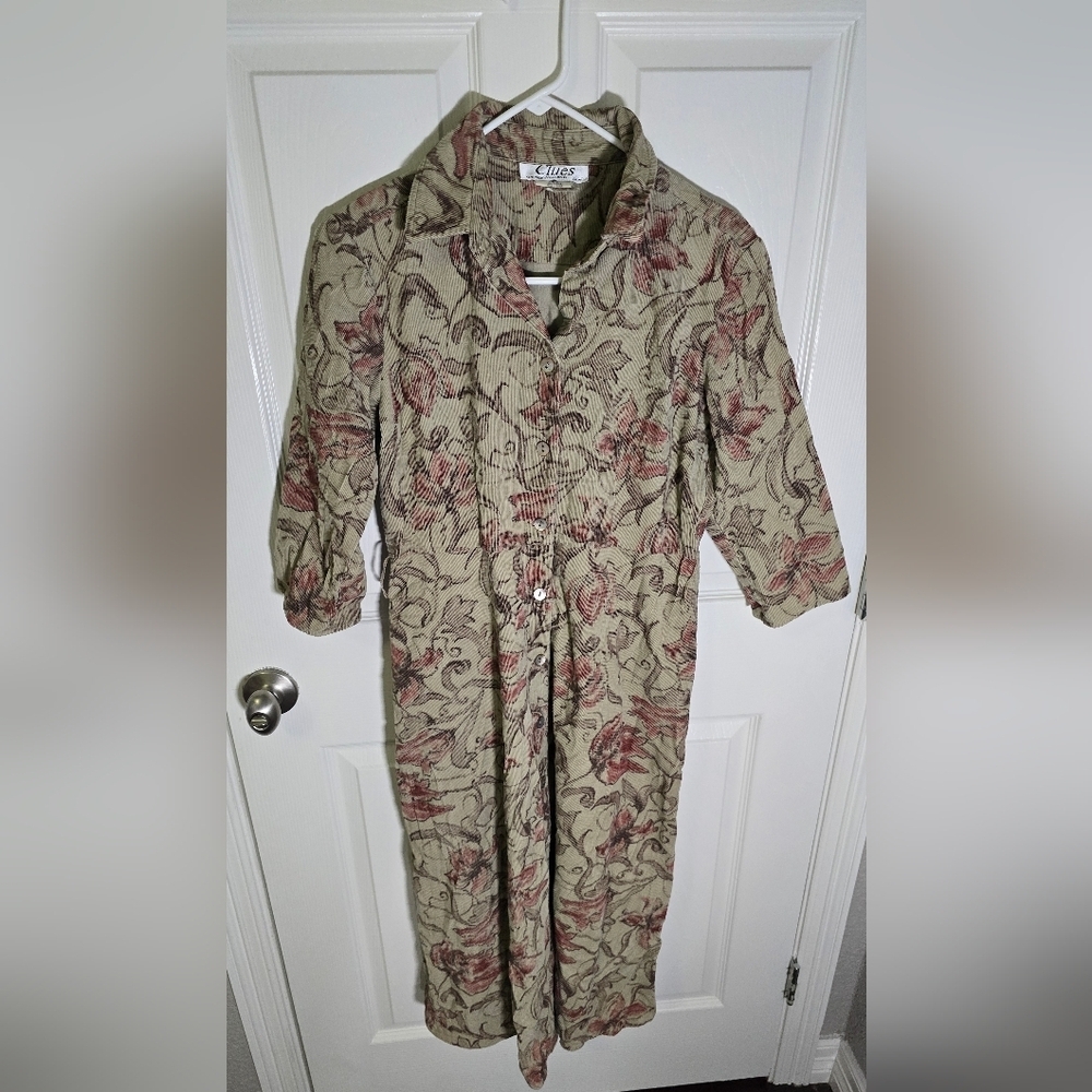Clues Collection Womens Vintage Floral Tan Collared Button Up Dress 4P